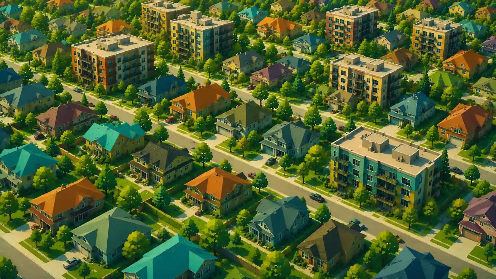 A painted neighborhood at sunlit golden hour
